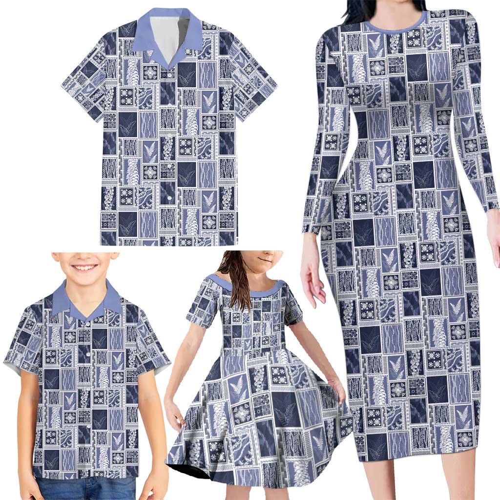 Vintage Aloha Block Quilt Family Matching Long Sleeve Bodycon Dress and Hawaiian Shirt Blue Inspired Lei Motifs - Polynesian Pride