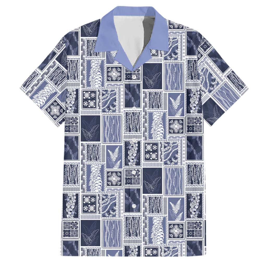 Vintage Aloha Block Quilt Family Matching Long Sleeve Bodycon Dress and Hawaiian Shirt Blue Inspired Lei Motifs - Polynesian Pride