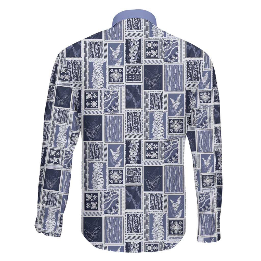 Vintage Aloha Block Quilt Family Matching Long Sleeve Bodycon Dress and Hawaiian Shirt Blue Inspired Lei Motifs - Polynesian Pride