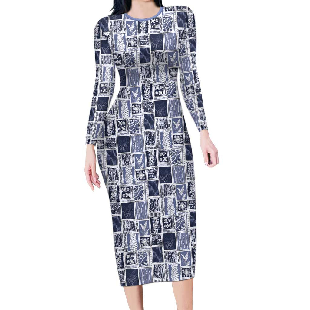 Vintage Aloha Block Quilt Family Matching Long Sleeve Bodycon Dress and Hawaiian Shirt Blue Inspired Lei Motifs - Polynesian Pride