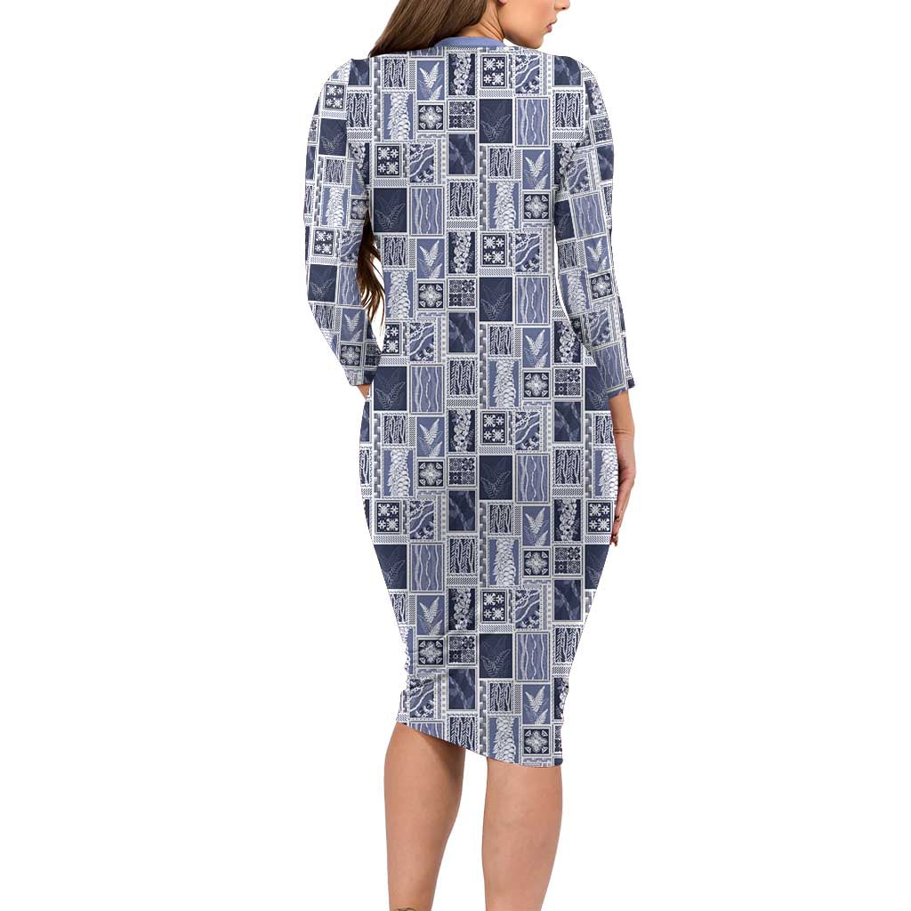 Vintage Aloha Block Quilt Family Matching Long Sleeve Bodycon Dress and Hawaiian Shirt Blue Inspired Lei Motifs - Polynesian Pride