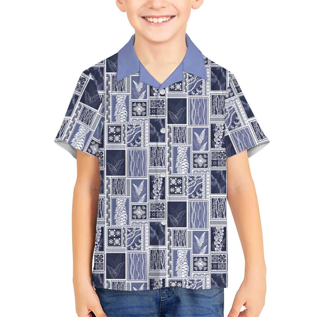 Vintage Aloha Block Quilt Family Matching Long Sleeve Bodycon Dress and Hawaiian Shirt Blue Inspired Lei Motifs - Polynesian Pride