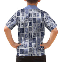 Vintage Aloha Block Quilt Family Matching Off The Shoulder Long Sleeve Dress and Hawaiian Shirt Blue Inspired Lei Motifs - Polynesian Pride