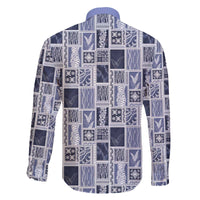 Vintage Aloha Block Quilt Family Matching Off The Shoulder Long Sleeve Dress and Hawaiian Shirt Blue Inspired Lei Motifs - Polynesian Pride