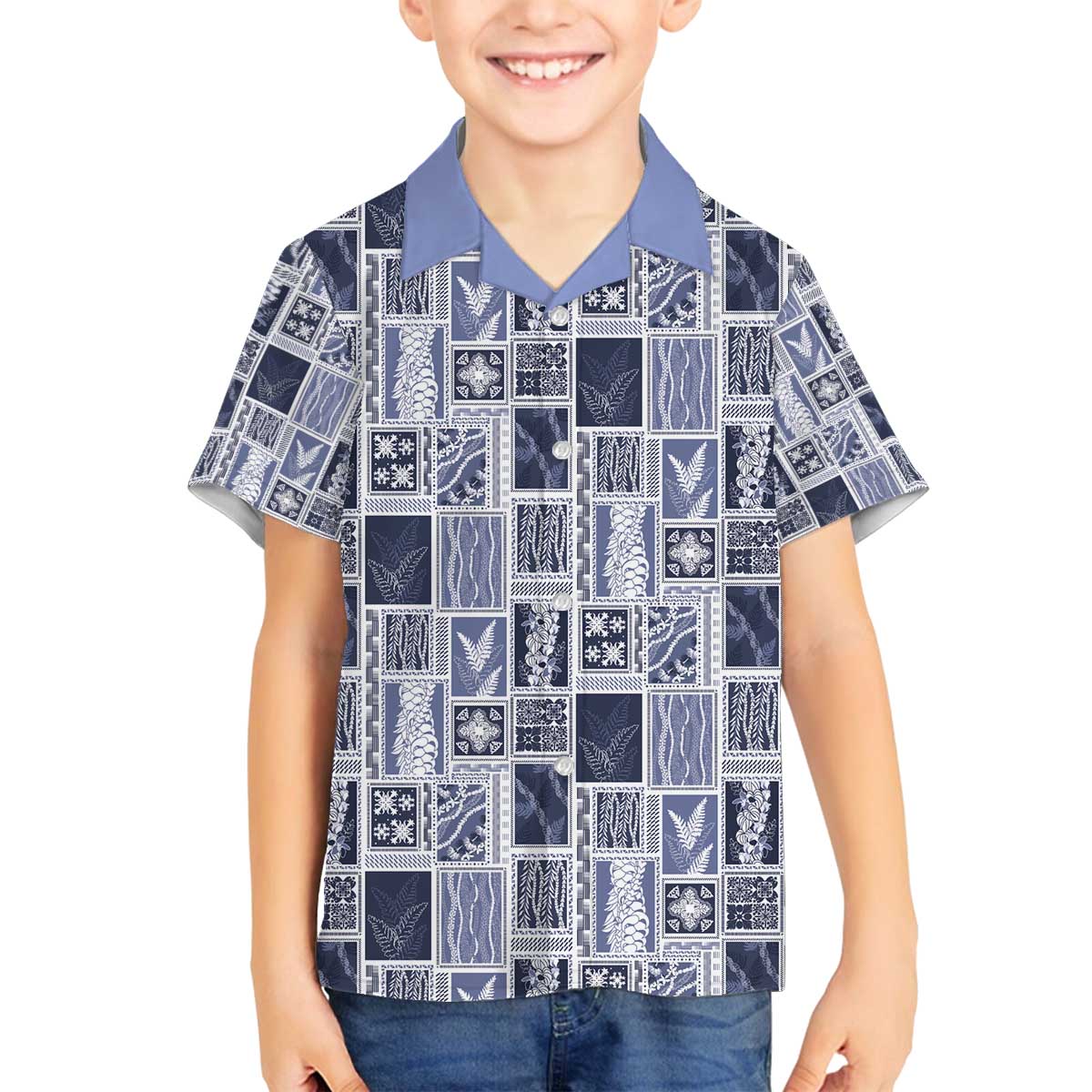 Vintage Aloha Block Quilt Family Matching Off The Shoulder Long Sleeve Dress and Hawaiian Shirt Blue Inspired Lei Motifs - Polynesian Pride