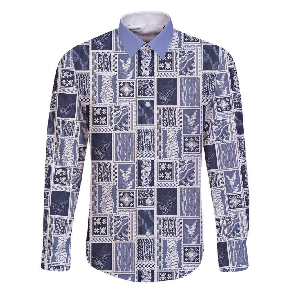 Vintage Aloha Block Quilt Family Matching Off Shoulder Maxi Dress and Hawaiian Shirt Blue Inspired Lei Motifs - Polynesian Pride