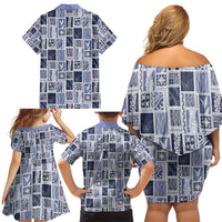 Vintage Aloha Block Quilt Family Matching Off Shoulder Short Dress and Hawaiian Shirt Blue Inspired Lei Motifs - Polynesian Pride