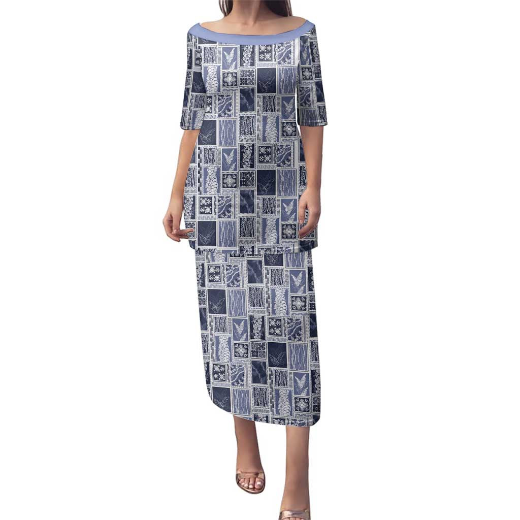 Vintage Aloha Block Quilt Family Matching Puletasi and Hawaiian Shirt Blue Inspired Lei Motifs - Polynesian Pride