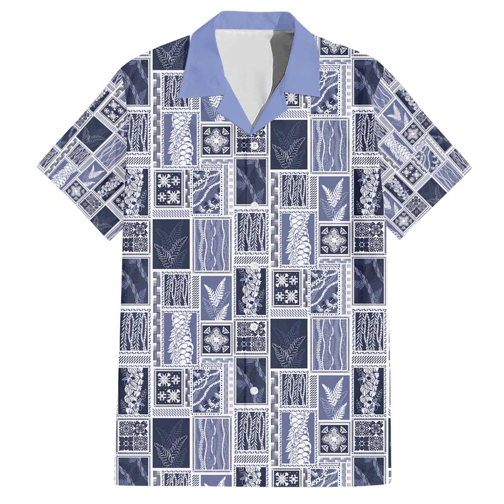 Vintage Aloha Block Quilt Family Matching Short Sleeve Bodycon Dress and Hawaiian Shirt Blue Inspired Lei Motifs - Polynesian Pride