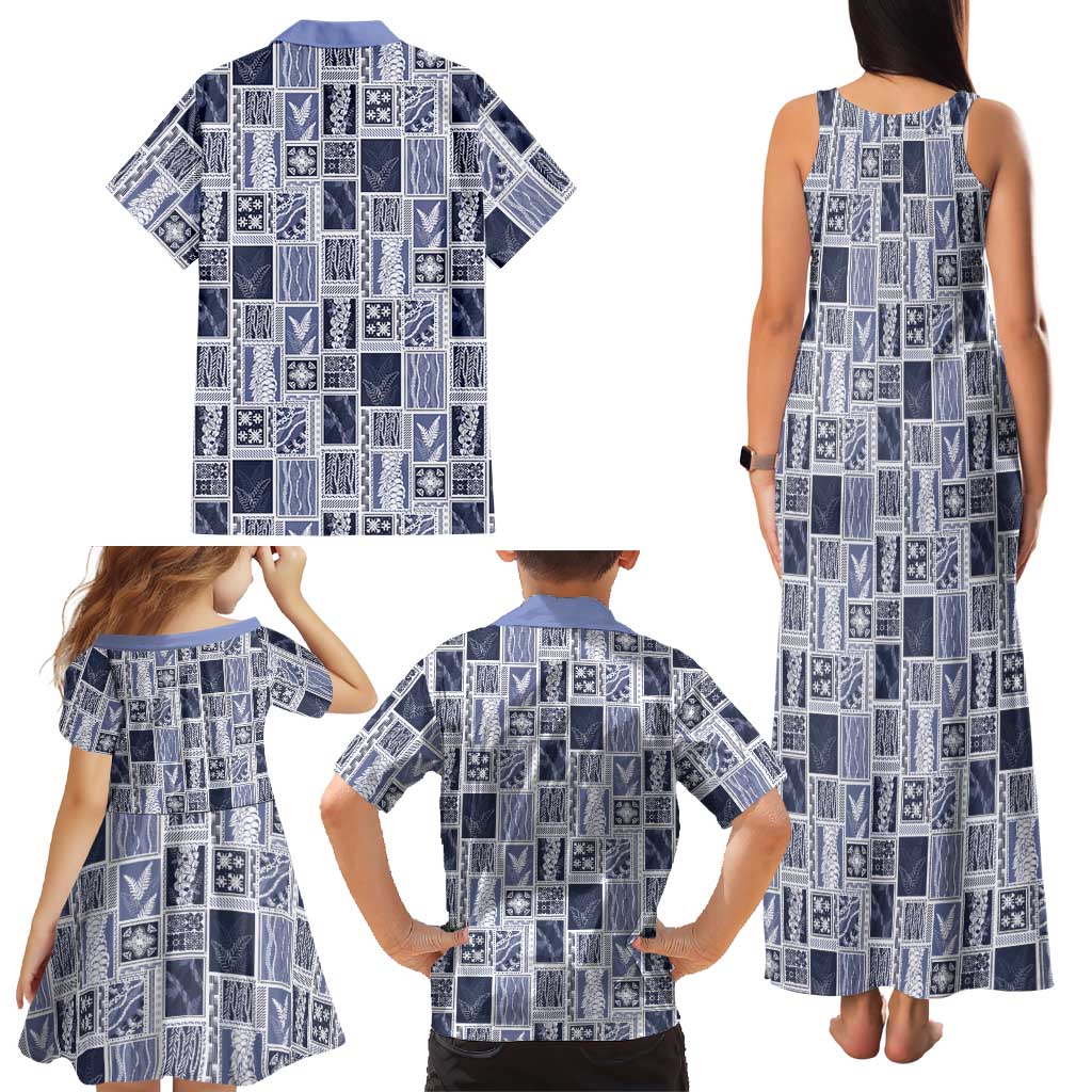 Vintage Aloha Block Quilt Family Matching Tank Maxi Dress and Hawaiian Shirt Blue Inspired Lei Motifs - Polynesian Pride