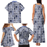 Vintage Aloha Block Quilt Family Matching Tank Maxi Dress and Hawaiian Shirt Blue Inspired Lei Motifs - Polynesian Pride