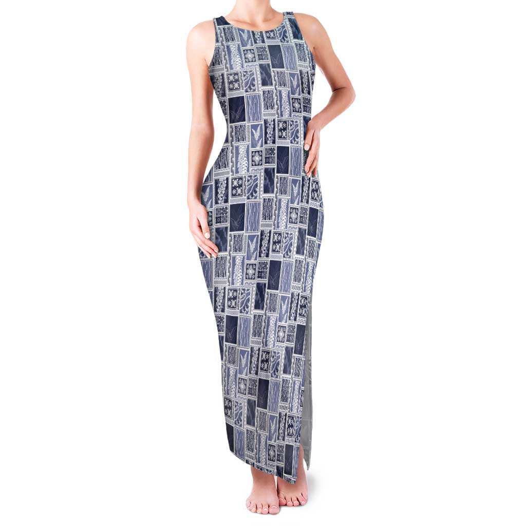 Vintage Aloha Block Quilt Family Matching Tank Maxi Dress and Hawaiian Shirt Blue Inspired Lei Motifs - Polynesian Pride