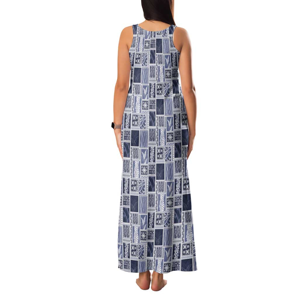 Vintage Aloha Block Quilt Family Matching Tank Maxi Dress and Hawaiian Shirt Blue Inspired Lei Motifs - Polynesian Pride