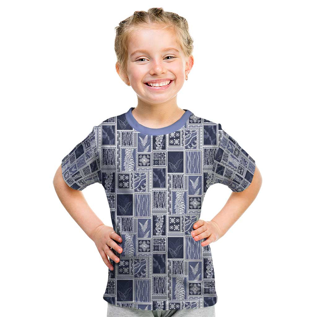 Vintage Aloha Block Quilt Kid T Shirt Blue Inspired Lei Motifs - Polynesian Pride