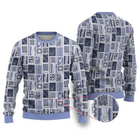 Vintage Aloha Block Quilt Ugly Christmas Sweater Blue Inspired Lei Motifs - Polynesian Pride