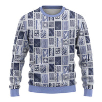 Vintage Aloha Block Quilt Ugly Christmas Sweater Blue Inspired Lei Motifs - Polynesian Pride