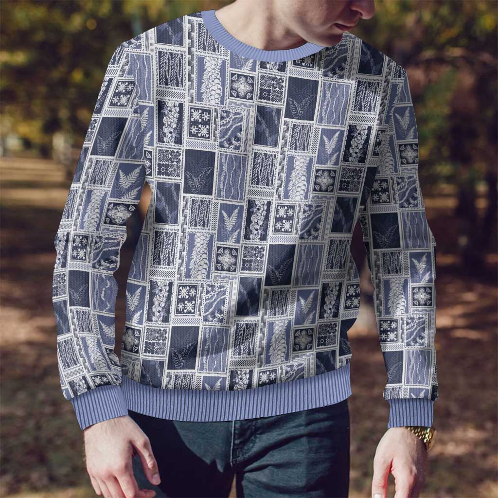 Vintage Aloha Block Quilt Ugly Christmas Sweater Blue Inspired Lei Motifs - Polynesian Pride