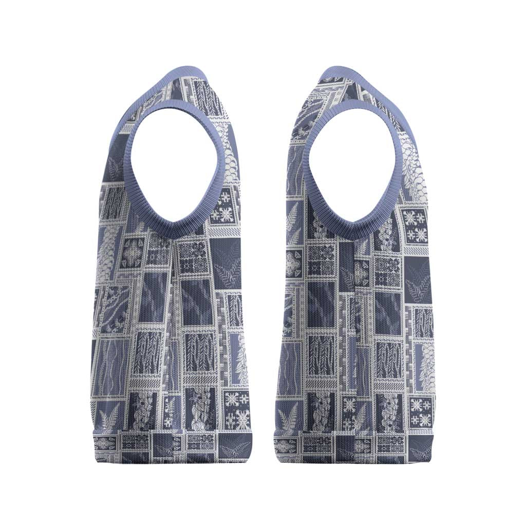 Vintage Aloha Block Quilt Christmas Knitted V-Neck Vest Blue Inspired Lei Motifs - Polynesian Pride