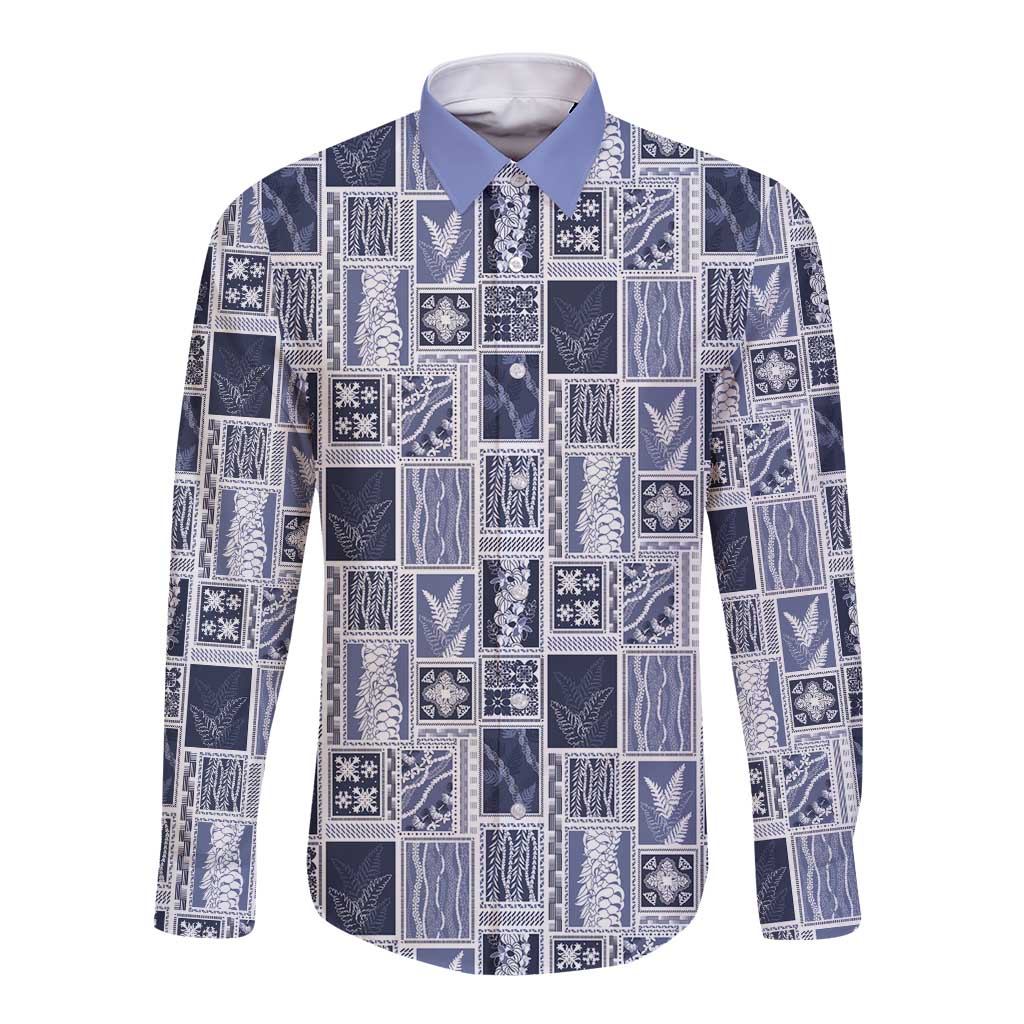 Vintage Aloha Block Quilt Long Sleeve Button Shirt Blue Inspired Lei Motifs - Polynesian Pride