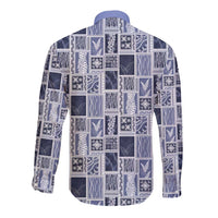Vintage Aloha Block Quilt Long Sleeve Button Shirt Blue Inspired Lei Motifs - Polynesian Pride