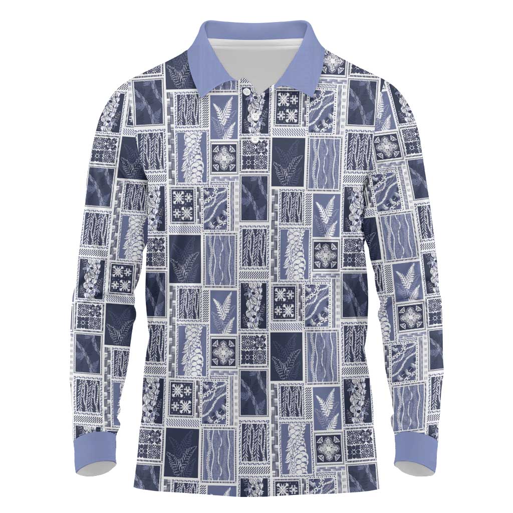 Vintage Aloha Block Quilt Long Sleeve Polo Shirt Blue Inspired Lei Motifs - Polynesian Pride