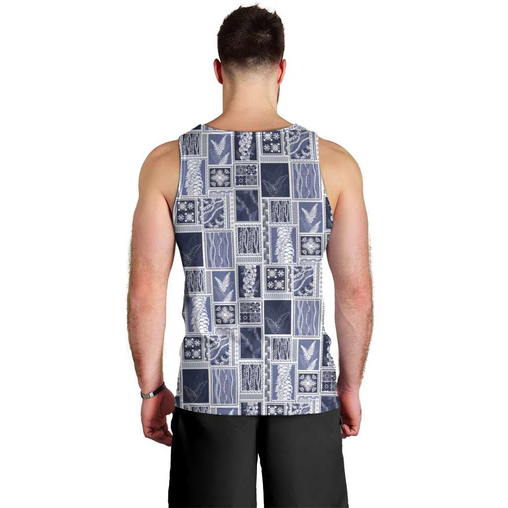 Vintage Aloha Block Quilt Men Tank Top Blue Inspired Lei Motifs - Polynesian Pride
