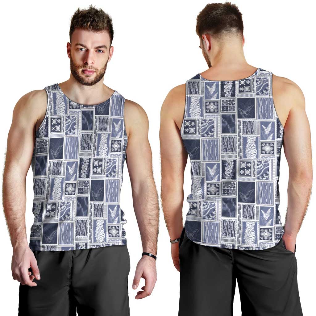 Vintage Aloha Block Quilt Men Tank Top Blue Inspired Lei Motifs - Polynesian Pride