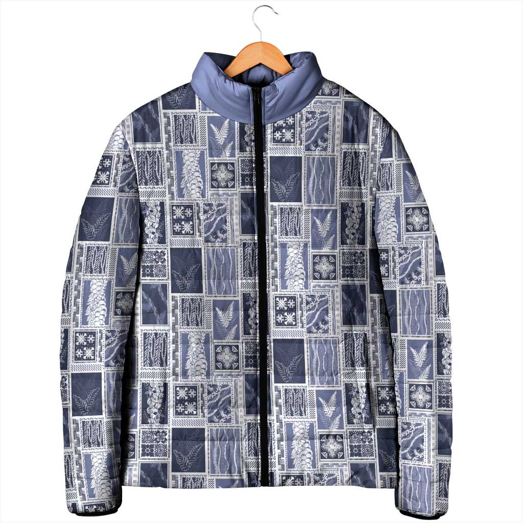 Vintage Aloha Block Quilt Padded Jacket Blue Inspired Lei Motifs - Polynesian Pride