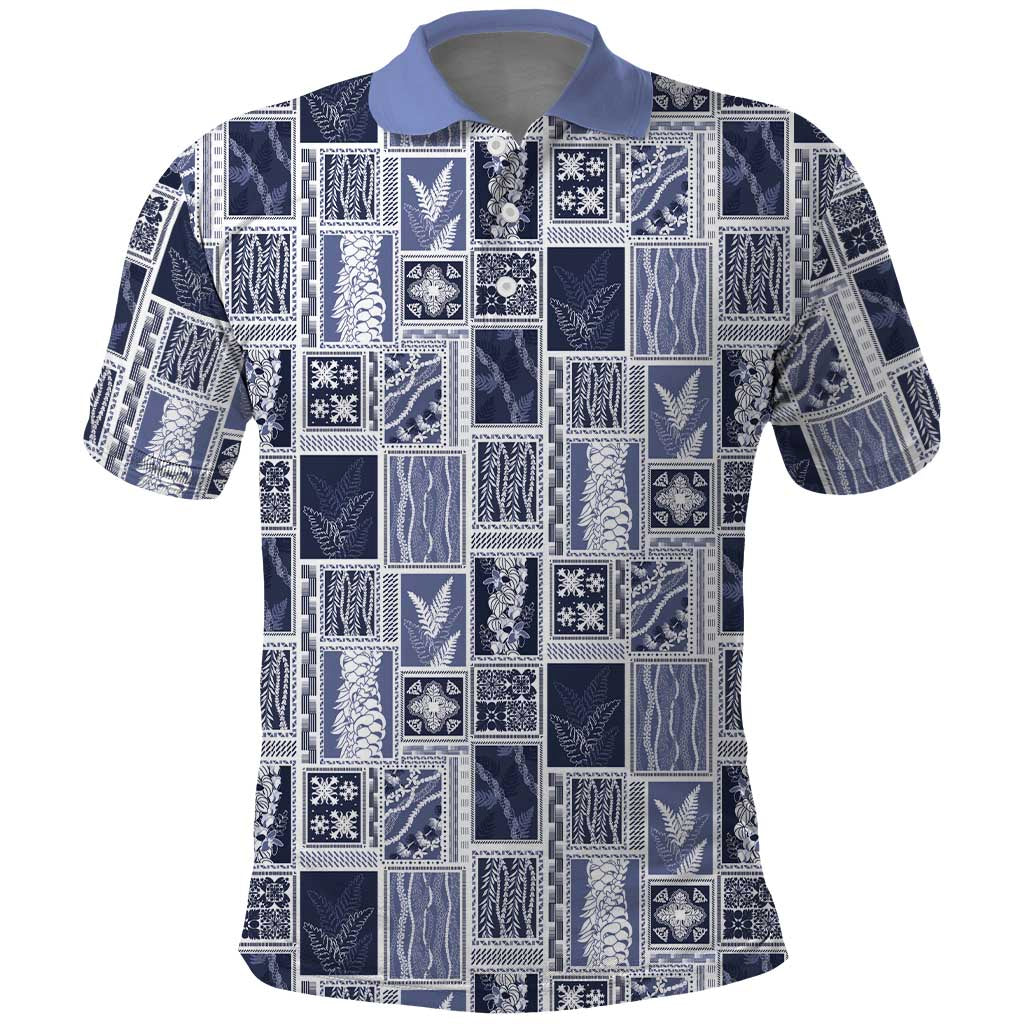 Vintage Aloha Block Quilt Polo Shirt Blue Inspired Lei Motifs - Polynesian Pride