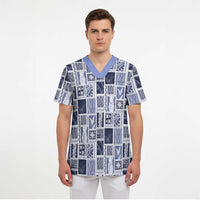 Vintage Aloha Block Quilt Scrub Top Blue Inspired Lei Motifs - Polynesian Pride