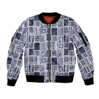 Vintage Aloha Block Quilt Sleeve Zip Bomber Jacket Blue Inspired Lei Motifs - Polynesian Pride