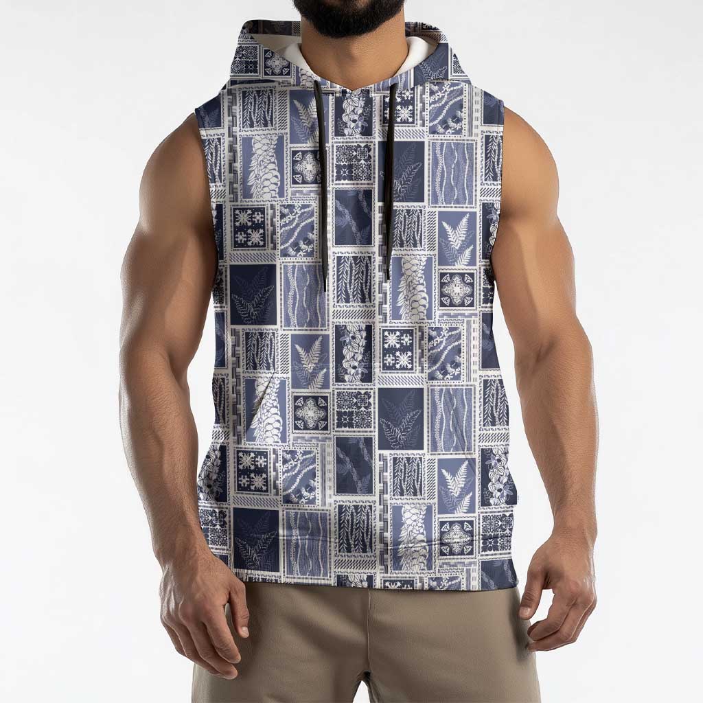 Vintage Aloha Block Quilt Sleeveless Hoodie Blue Inspired Lei Motifs - Polynesian Pride