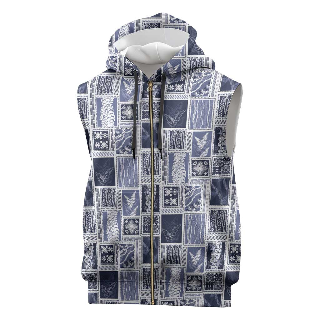Vintage Aloha Block Quilt Sleeveless Zip Hoodie Blue Inspired Lei Motifs - Polynesian Pride