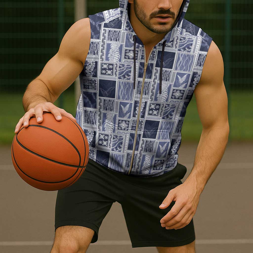 Vintage Aloha Block Quilt Sleeveless Zip Hoodie Blue Inspired Lei Motifs - Polynesian Pride