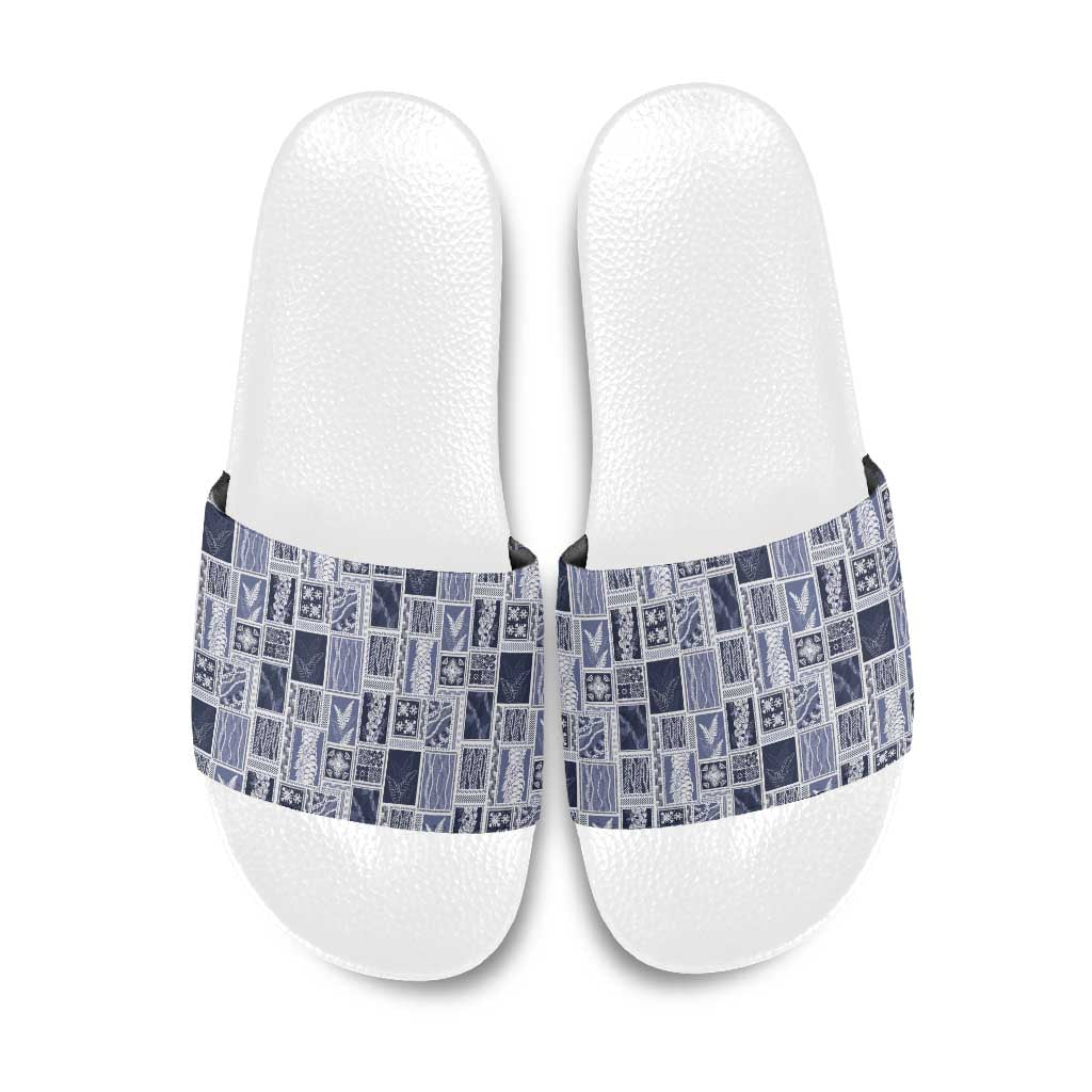 Vintage Aloha Block Quilt Slide Sandals Blue Inspired Lei Motifs - Polynesian Pride