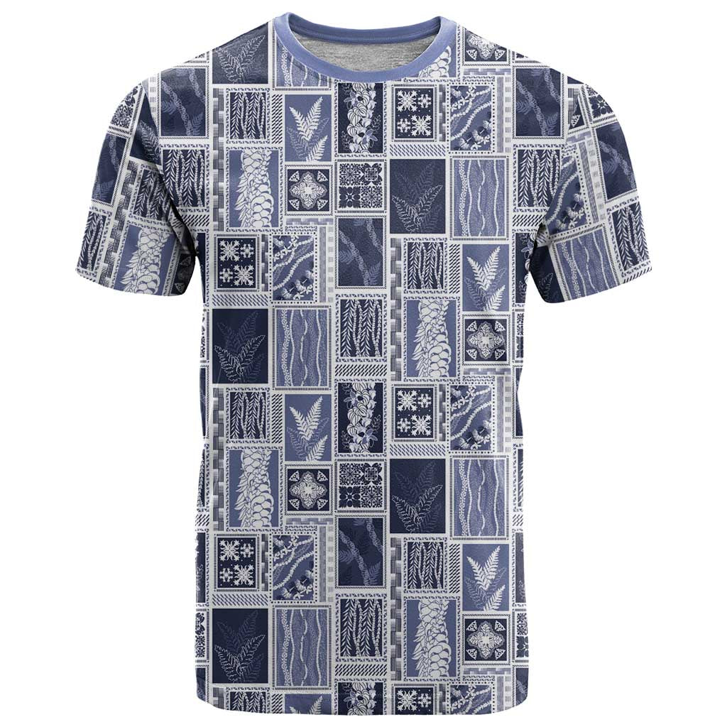 Vintage Aloha Block Quilt T Shirt Blue Inspired Lei Motifs LT9 Blue - Polynesian Pride