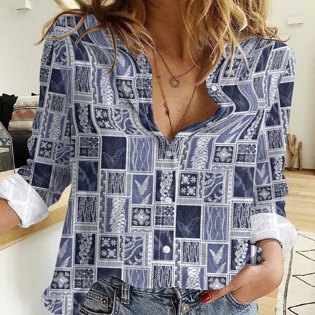 Vintage Aloha Block Quilt Women Casual Shirt Blue Inspired Lei Motifs - Polynesian Pride