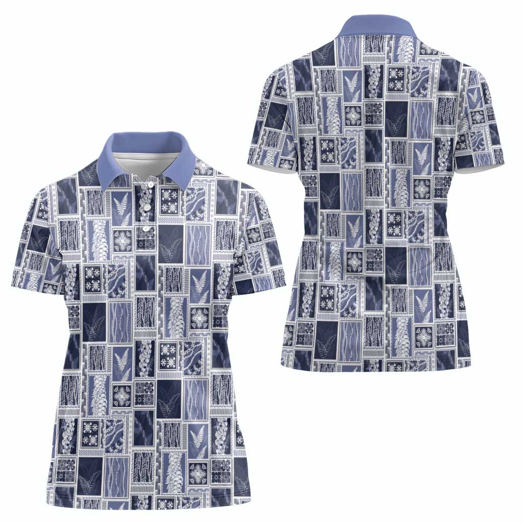 Vintage Aloha Block Quilt Women Polo Shirt Blue Inspired Lei Motifs - Polynesian Pride
