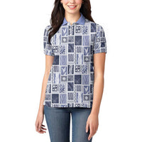 Vintage Aloha Block Quilt Women Polo Shirt Blue Inspired Lei Motifs - Polynesian Pride