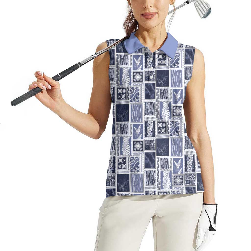 Vintage Aloha Block Quilt Women Sleeveless Polo Shirt Blue Inspired Lei Motifs - Polynesian Pride