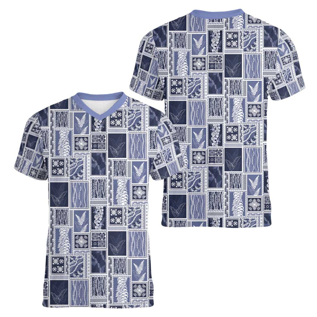 Vintage Aloha Block Quilt Women V-Neck T-Shirt Blue Inspired Lei Motifs - Polynesian Pride