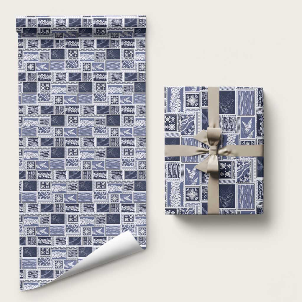 Vintage Aloha Block Quilt Wrapping Paper Blue Inspired Lei Motifs LT9 58" × 23" Blue - Polynesian Pride