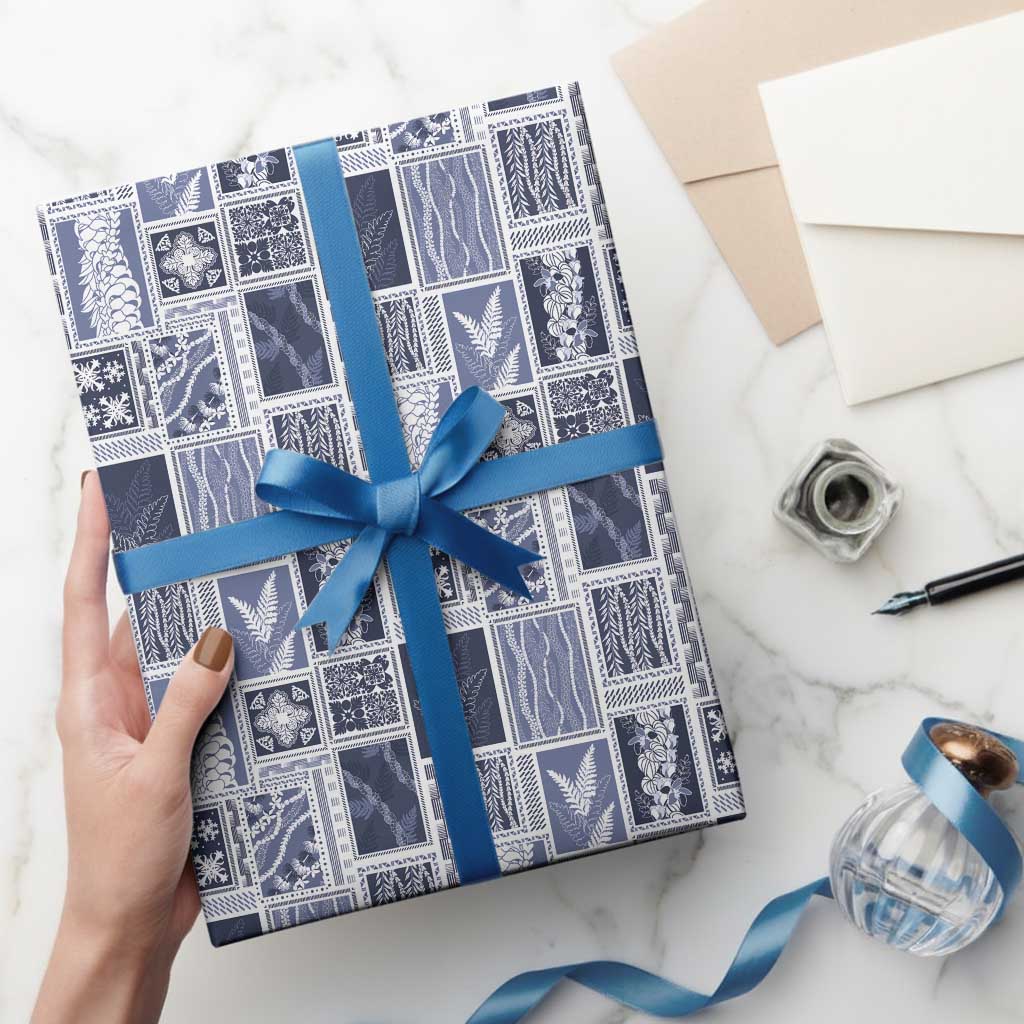 Vintage Aloha Block Quilt Wrapping Paper Blue Inspired Lei Motifs - Polynesian Pride