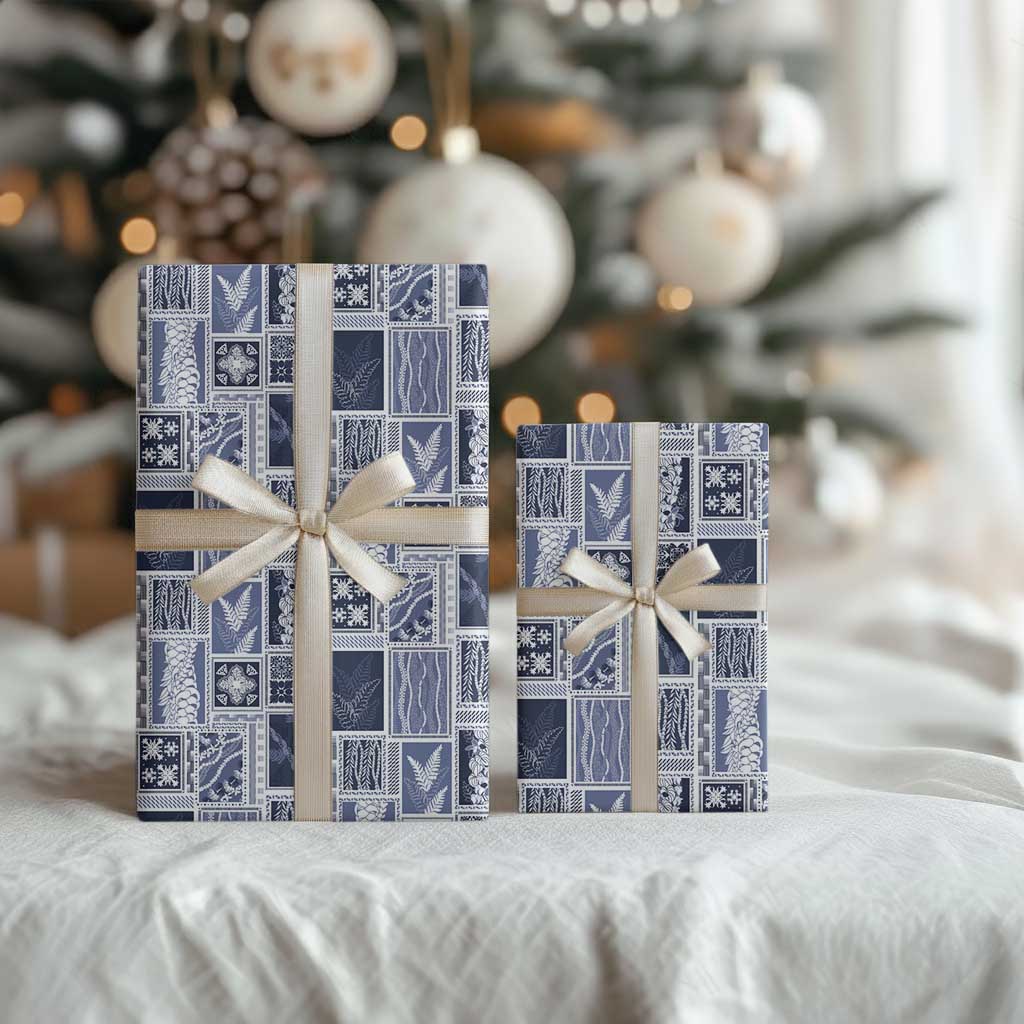 Vintage Aloha Block Quilt Wrapping Paper Blue Inspired Lei Motifs - Polynesian Pride