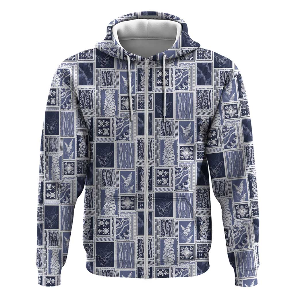 Vintage Aloha Block Quilt Zip Hoodie Blue Inspired Lei Motifs - Polynesian Pride