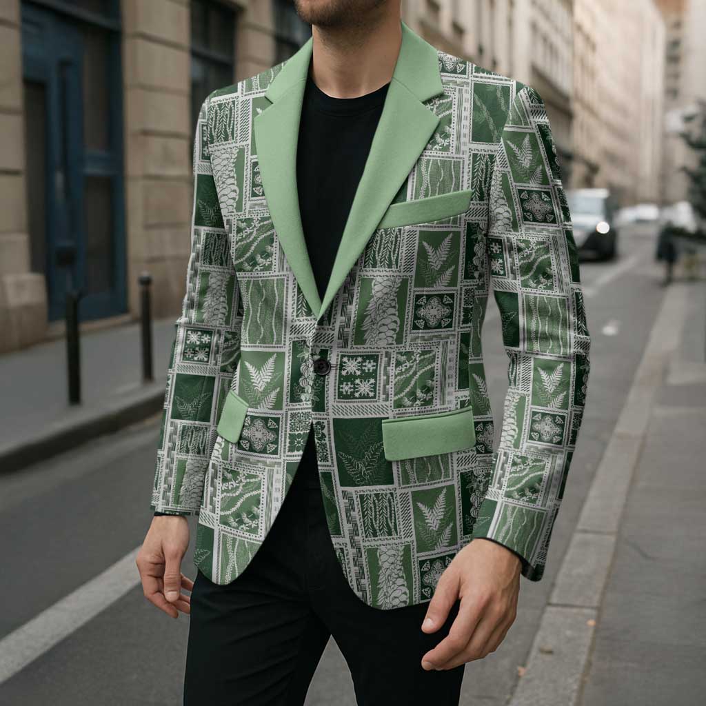 Vintage Aloha Block Quilt Blazer Green Inspired Lei Motifs - Polynesian Pride