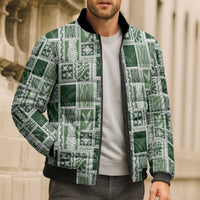 Vintage Aloha Block Quilt Bomber Puffer Jacket Green Inspired Lei Motifs - Polynesian Pride