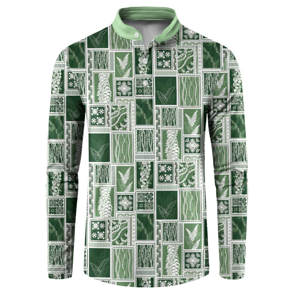 Vintage Aloha Block Quilt Button Sweatshirt Green Inspired Lei Motifs - Polynesian Pride