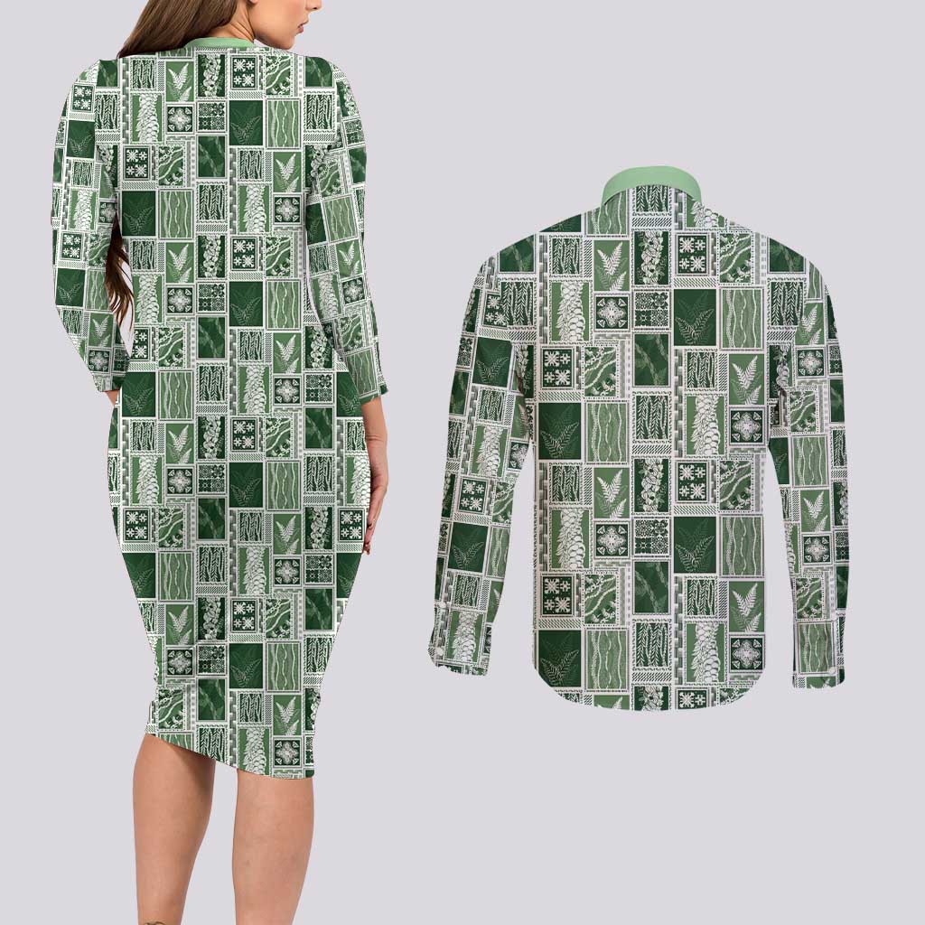 Vintage Aloha Block Quilt Couples Matching Long Sleeve Bodycon Dress and Long Sleeve Button Shirt Green Inspired Lei Motifs - Polynesian Pride