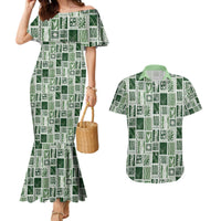 Vintage Aloha Block Quilt Couples Matching Mermaid Dress and Hawaiian Shirt Green Inspired Lei Motifs - Polynesian Pride